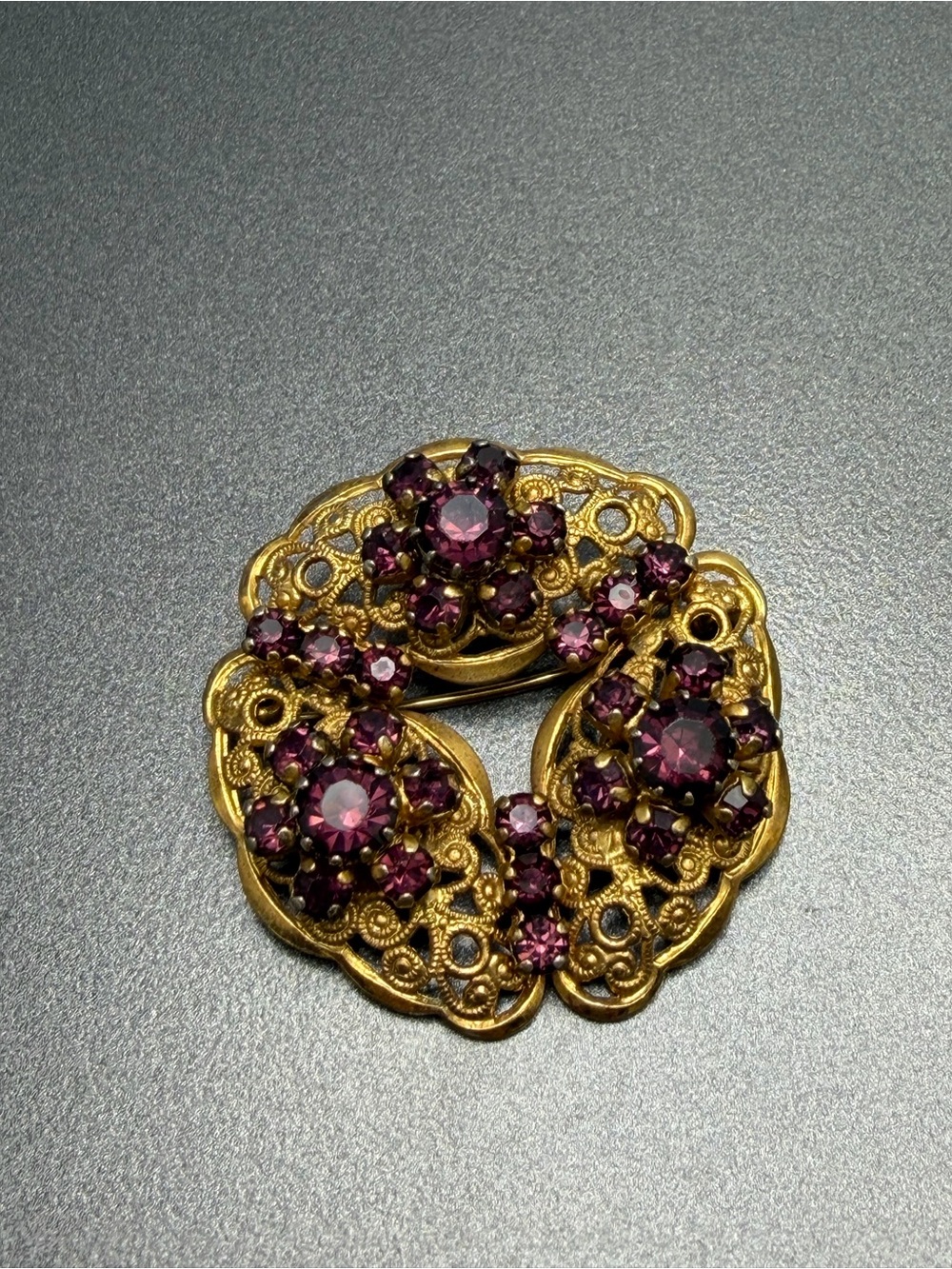 Vintage Purple Rhinestone Floral Brooch #cz74